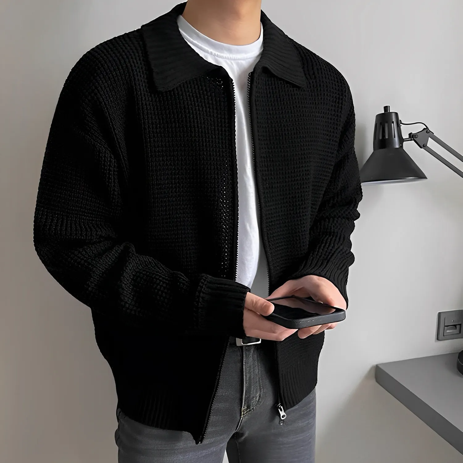 針織 翻領 休閒 拉鍊 寬鬆 外套