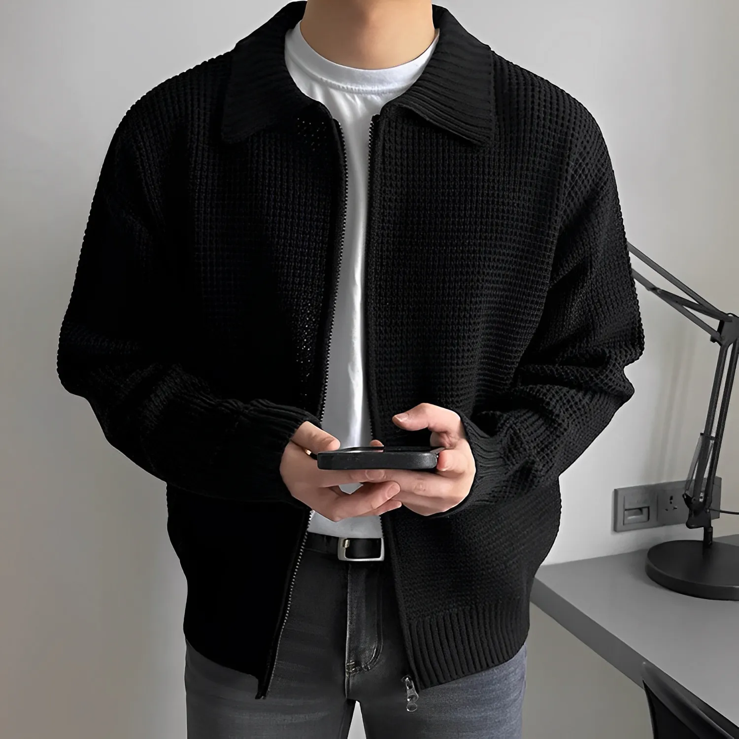 針織 翻領 休閒 拉鍊 寬鬆 外套