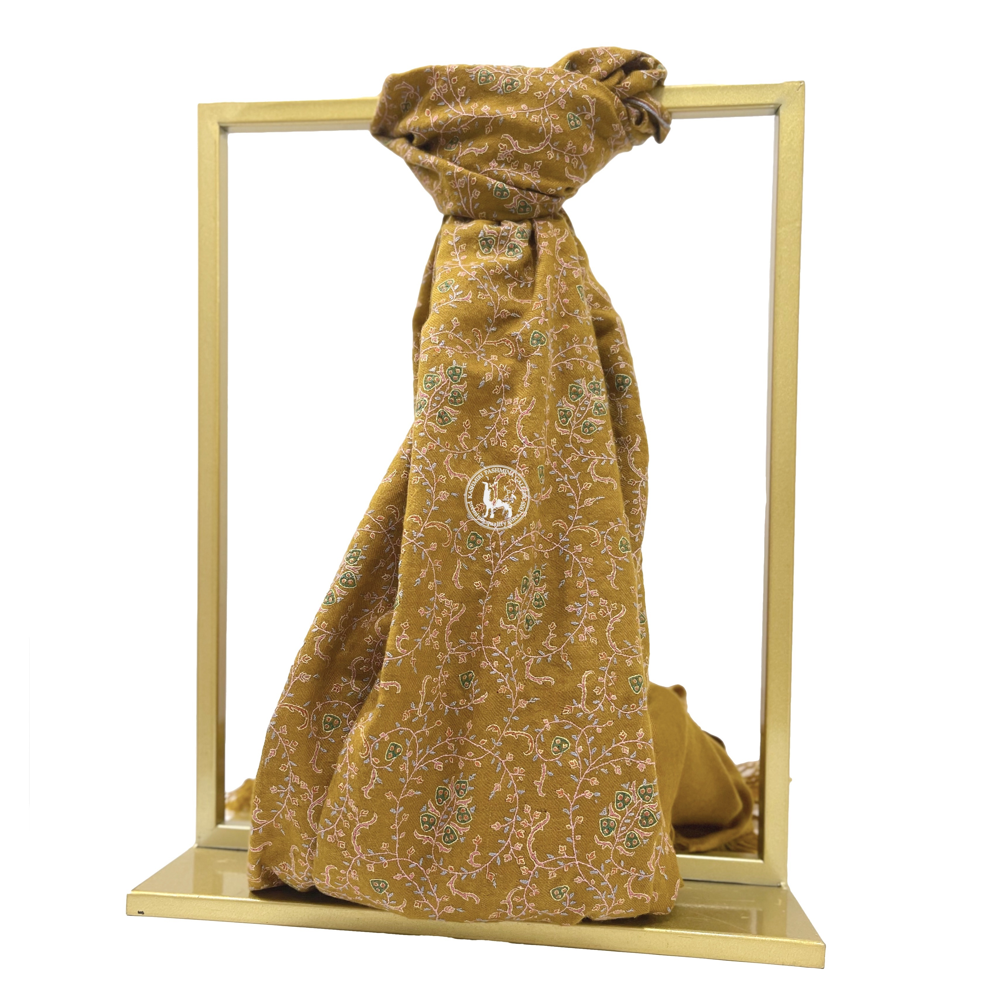 金菊色喀什米爾山羊絨全刺繡披肩