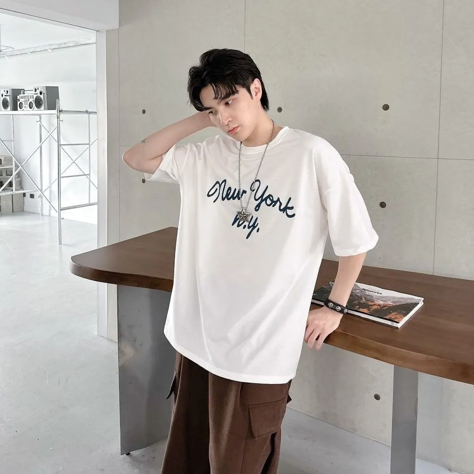 New York 草寫 鎖鏈 刺繡 寬鬆 短袖