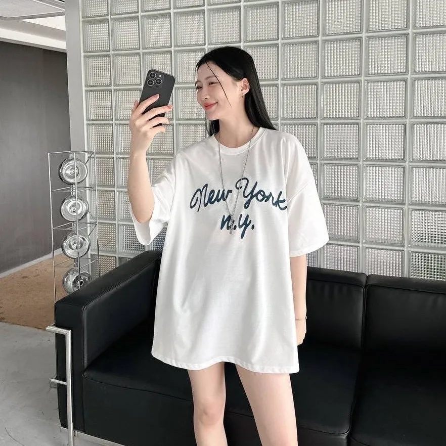 New York 草寫 鎖鏈 刺繡 寬鬆 短袖