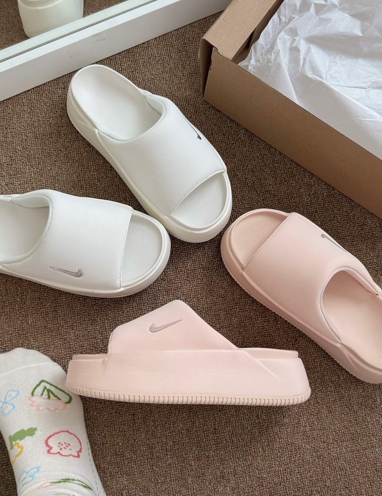 NIKE W CALM ELEVATION 白/粉色 防滑 軟底 厚底親水泡棉拖鞋 HJ5601