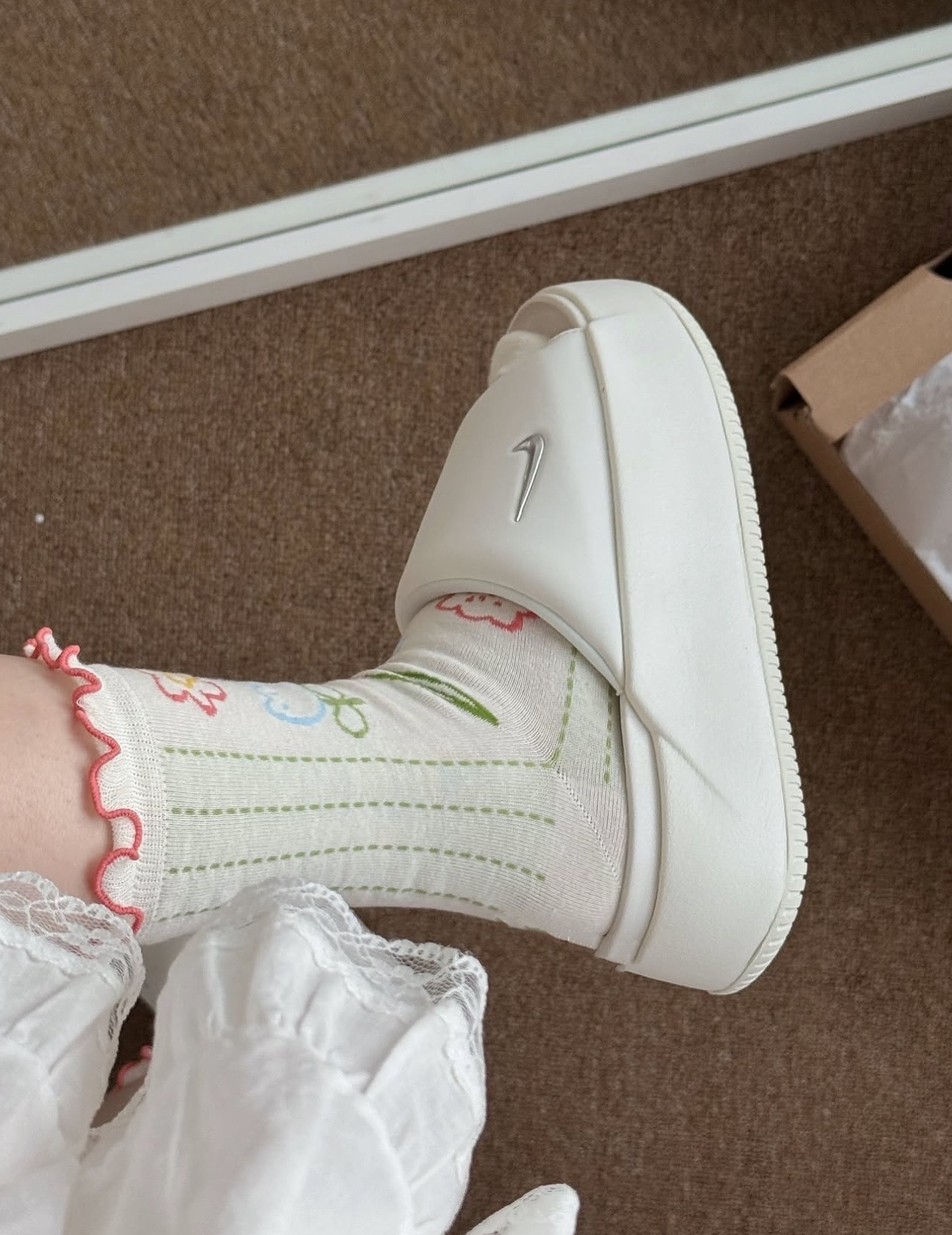 NIKE W CALM ELEVATION 白/粉色 防滑 軟底 厚底親水泡棉拖鞋 HJ5601