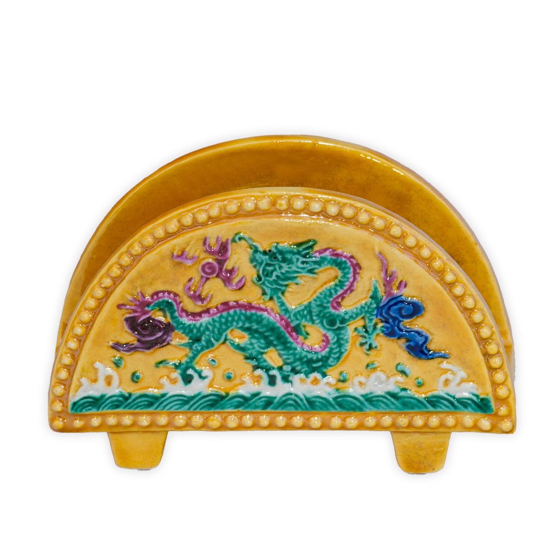 素三彩名片座｜手工陶瓷龍紋名片架 中式辦公桌風水擺設推薦