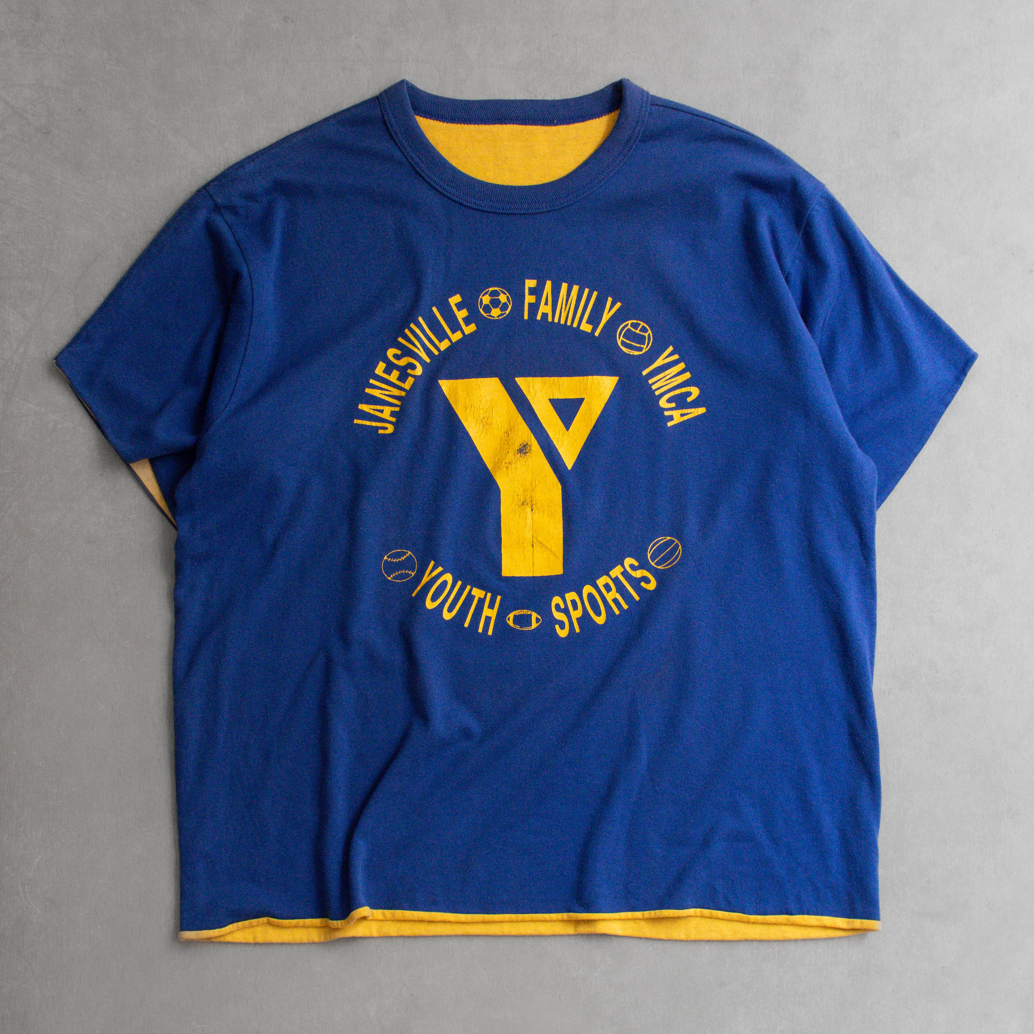 70-80S VINTAGE REVERSIBLE TEE 美國 藍黃 YMCA 雙面穿 短袖 T恤