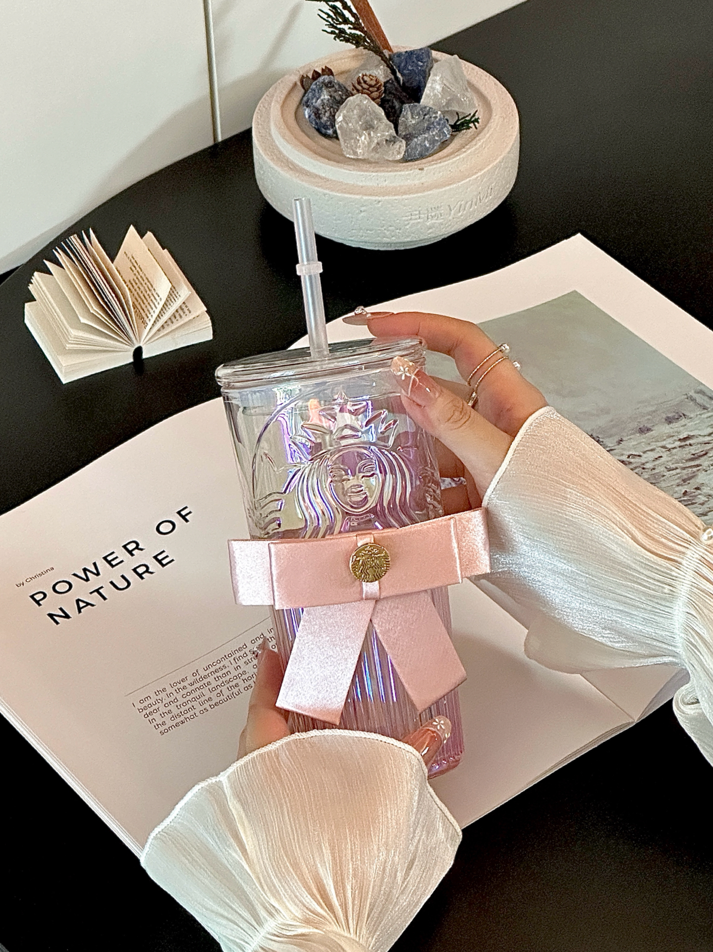 代購-星巴克Starbucks 星動系列 粉紅蝴蝶結 玻璃吸管杯