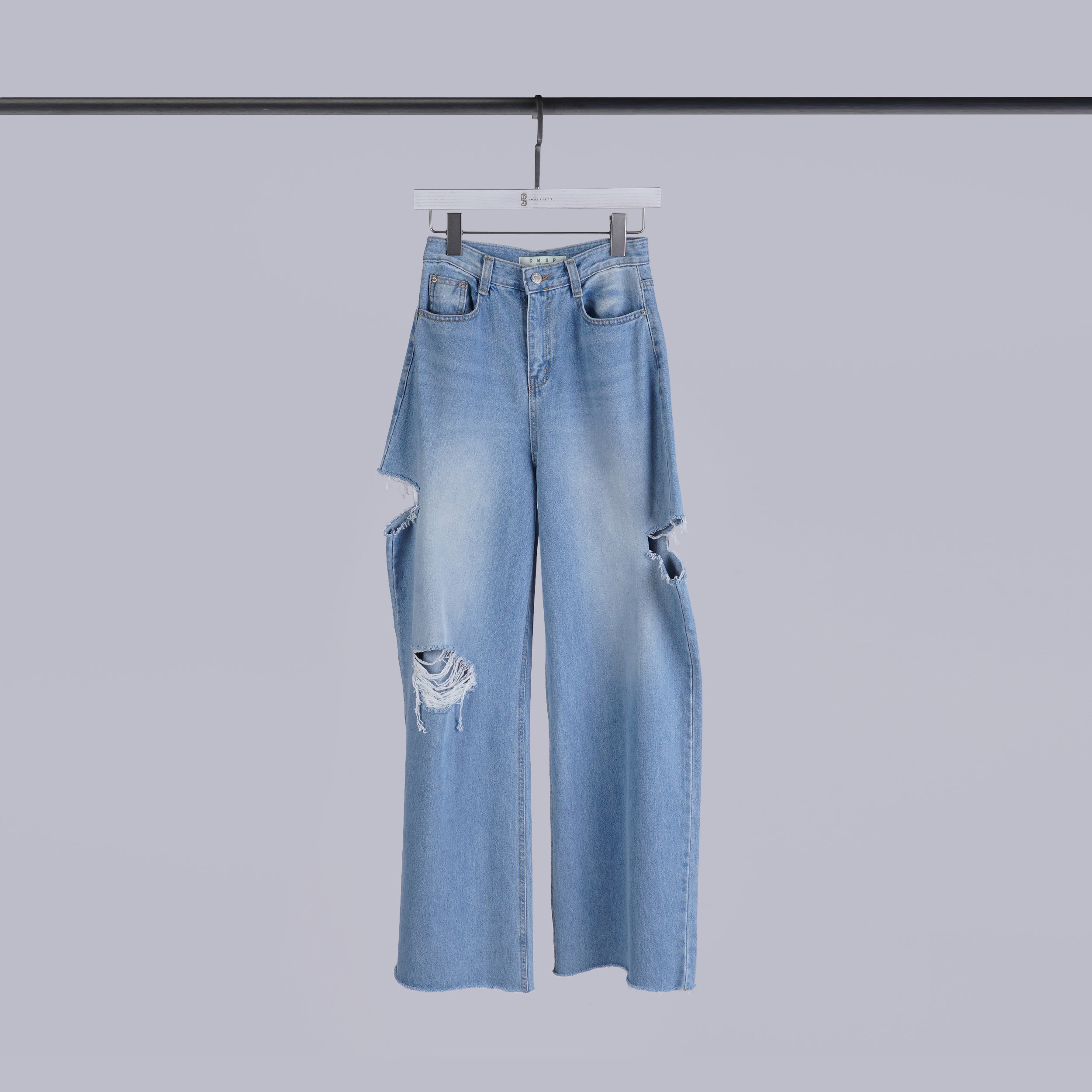 破壞感牛仔寬褲| S-M | 牛仔藍