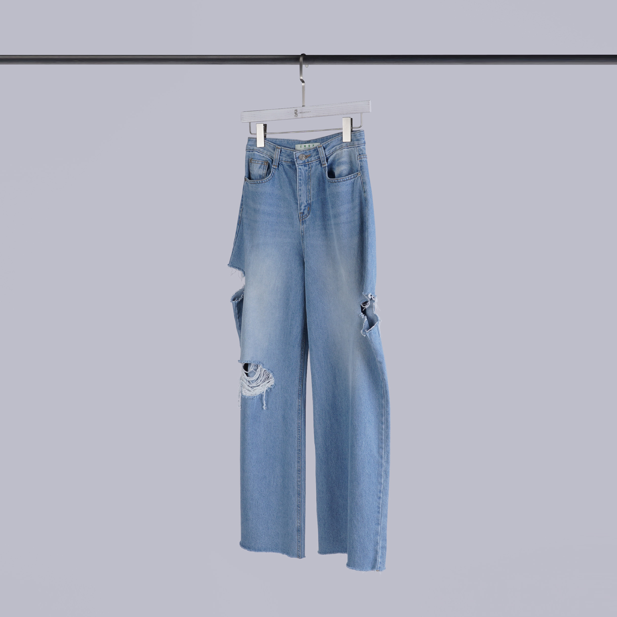 破壞感牛仔寬褲| S-M | 牛仔藍