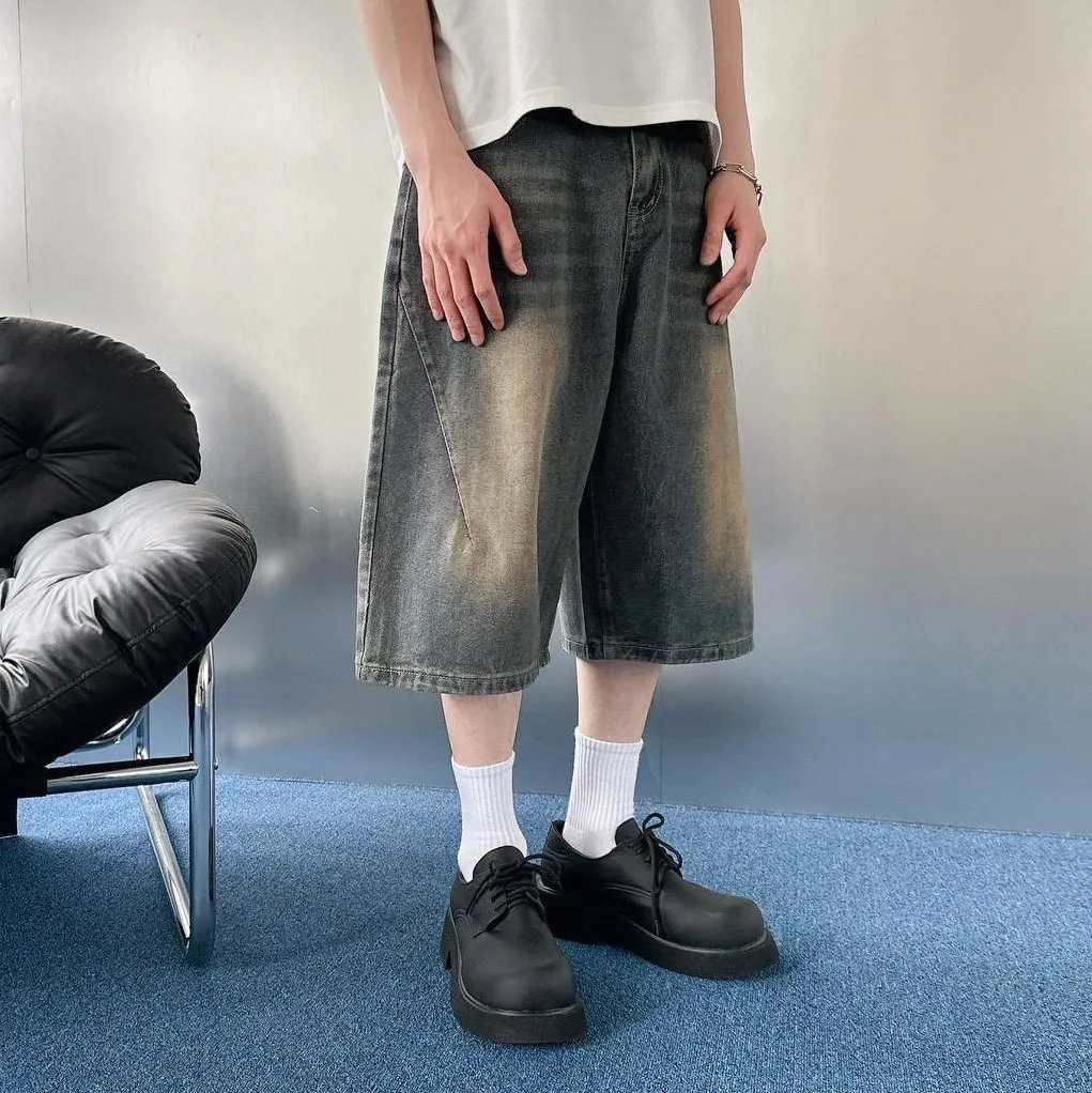 復古 黑白 刷色 男女 七分 牛仔 短褲