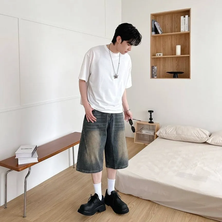 復古 黑白 刷色 男女 七分 牛仔 短褲