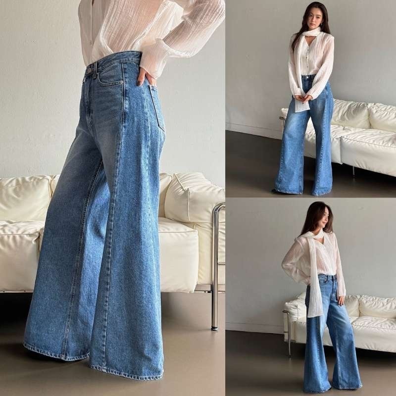 【韓國連線款】經典刷色闊腿牛仔褲