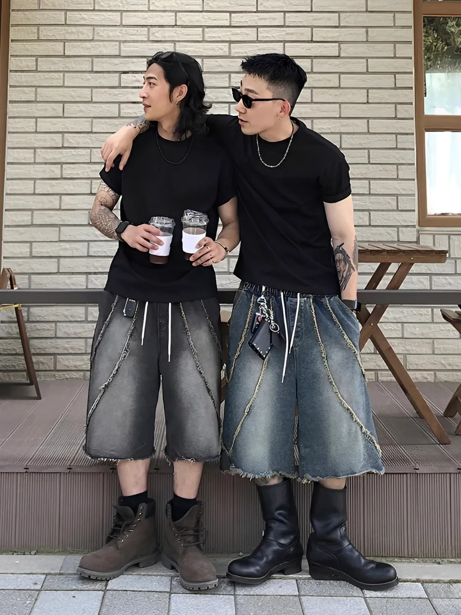 抽鬚 毛邊 設計 男女 七分 牛仔 短褲