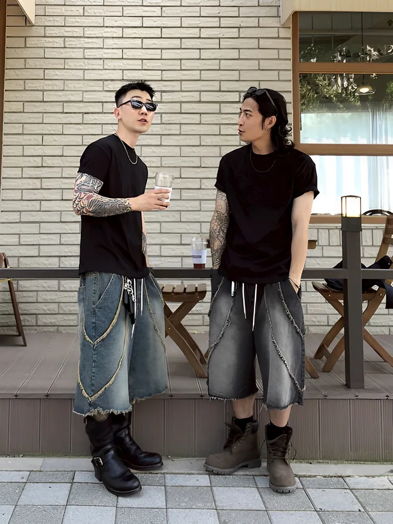 抽鬚 毛邊 設計 男女 七分 牛仔 短褲