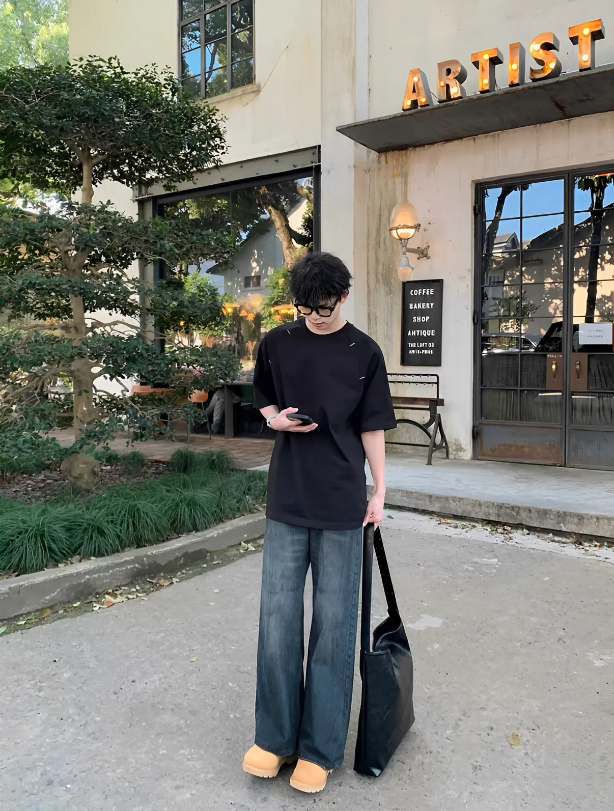 石墨 渲染 水洗 直筒 牛仔 長褲