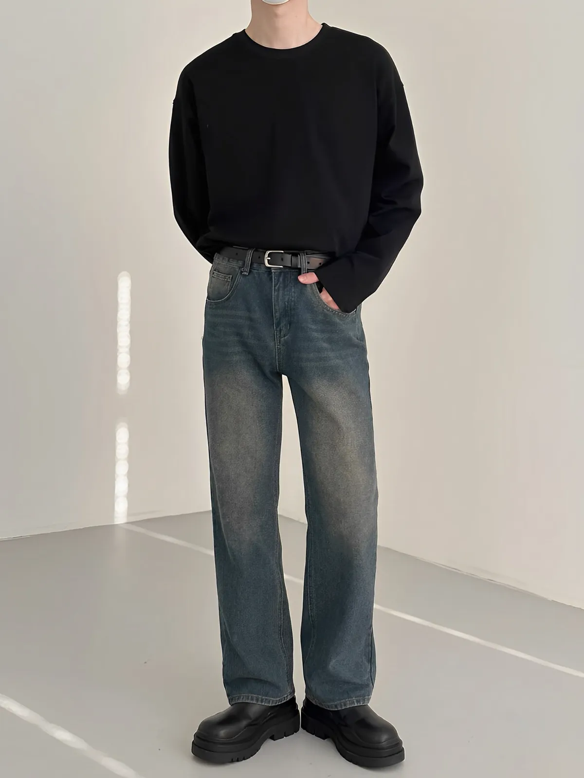 特殊 水洗 設計 直筒 男女 牛仔 長褲