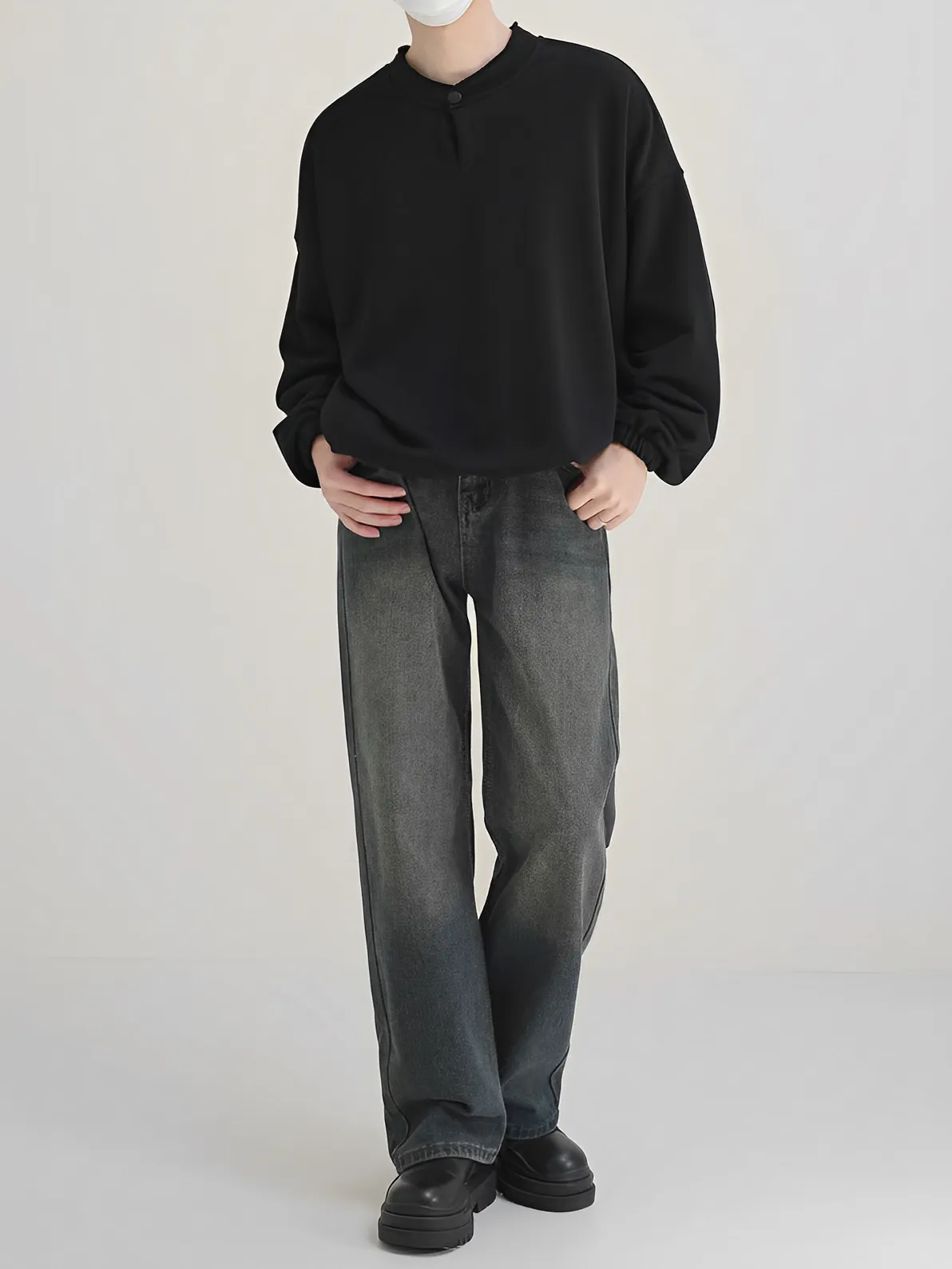 復古 水洗 深藍 直筒 牛仔 長褲