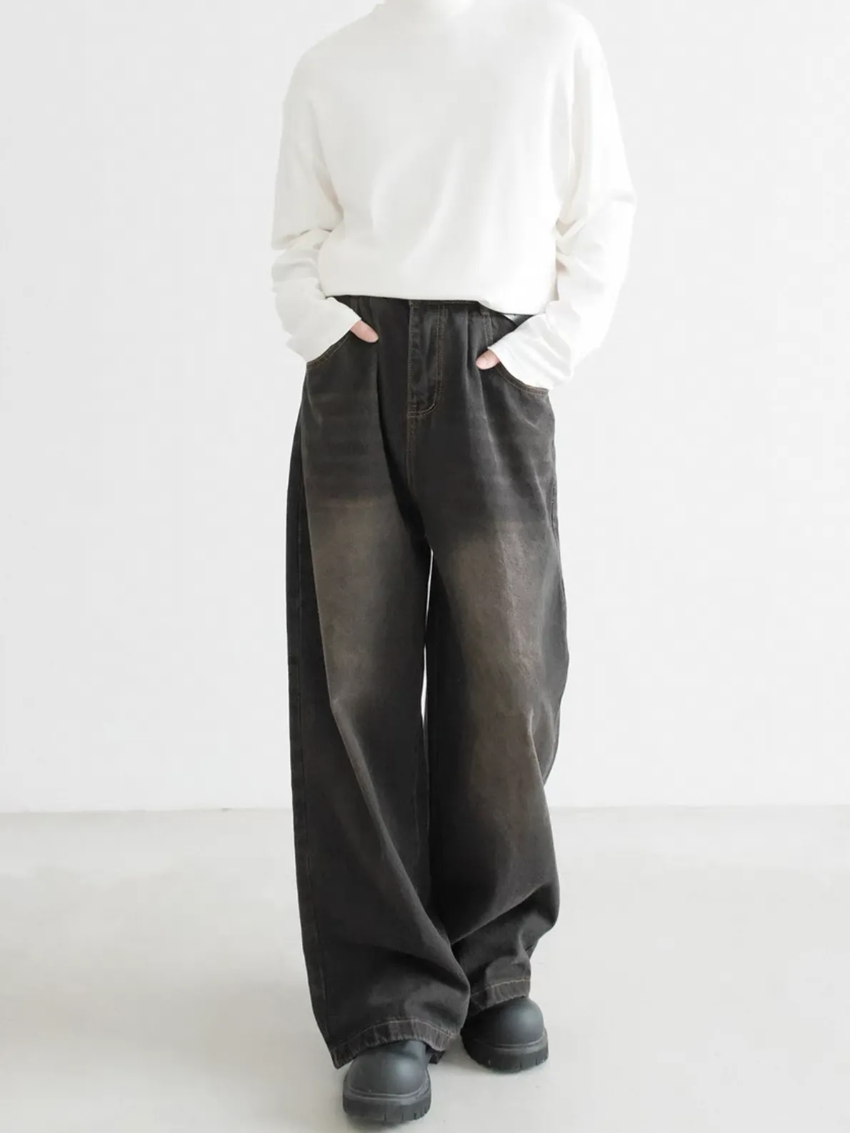 復古 美式 直筒 落地 寬鬆 牛仔 長褲