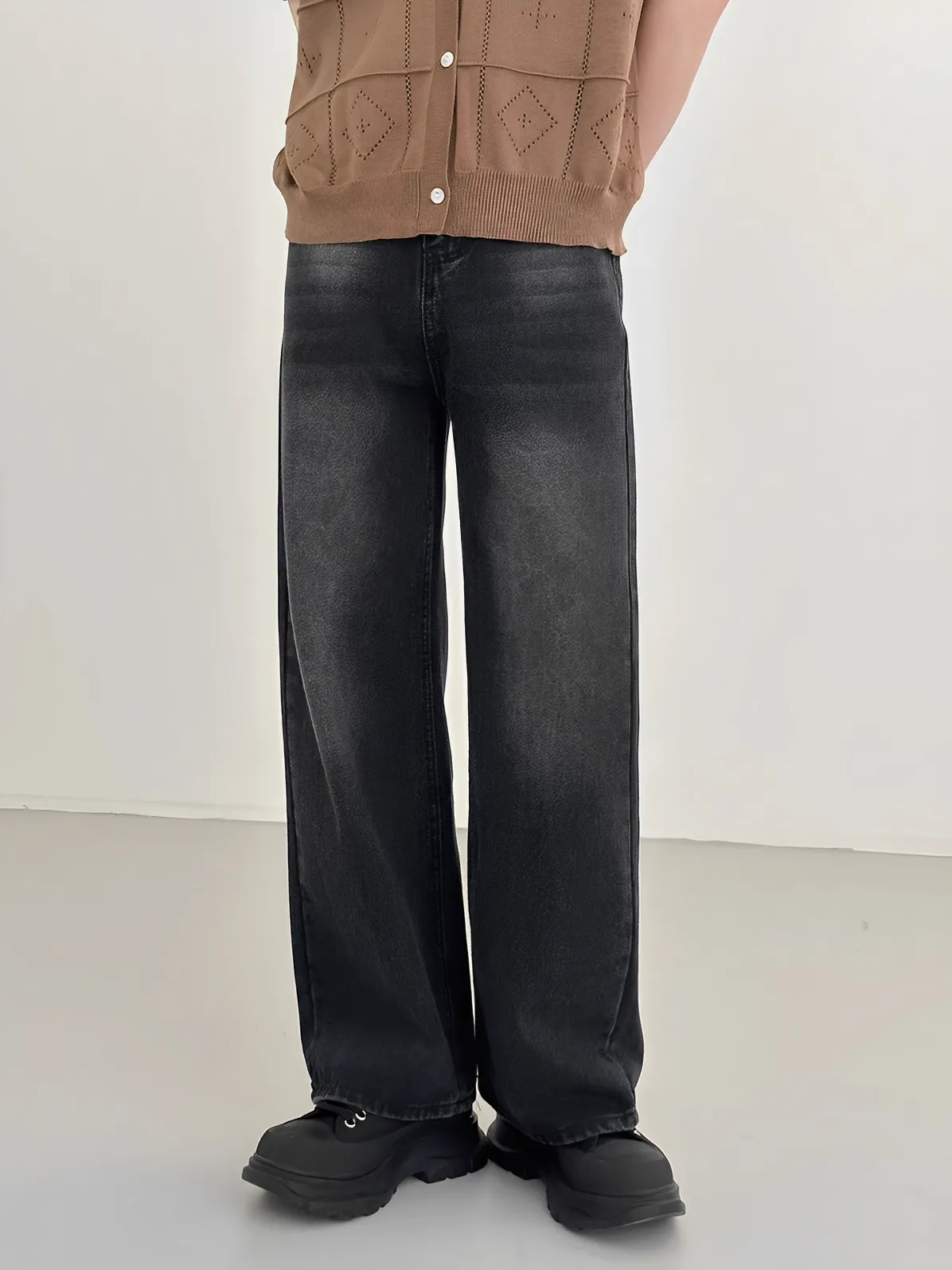 四季 水洗 黑色 直筒 寬鬆 牛仔 長褲