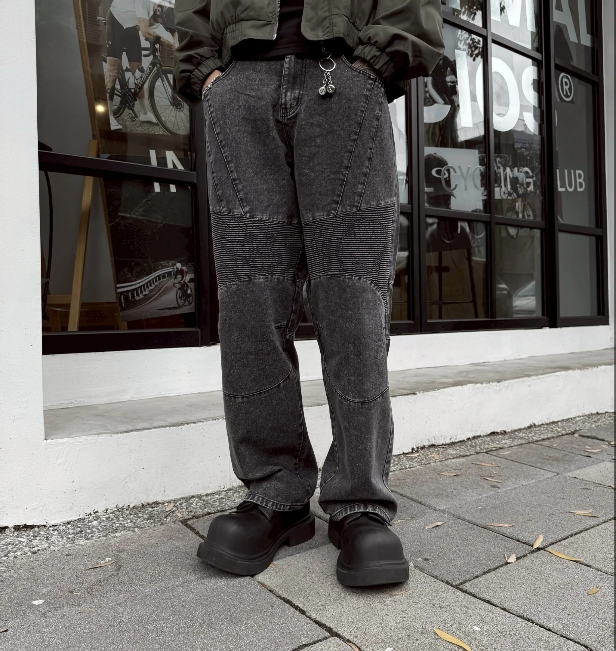 街頭 賽車 寬版 水洗 牛仔 長褲