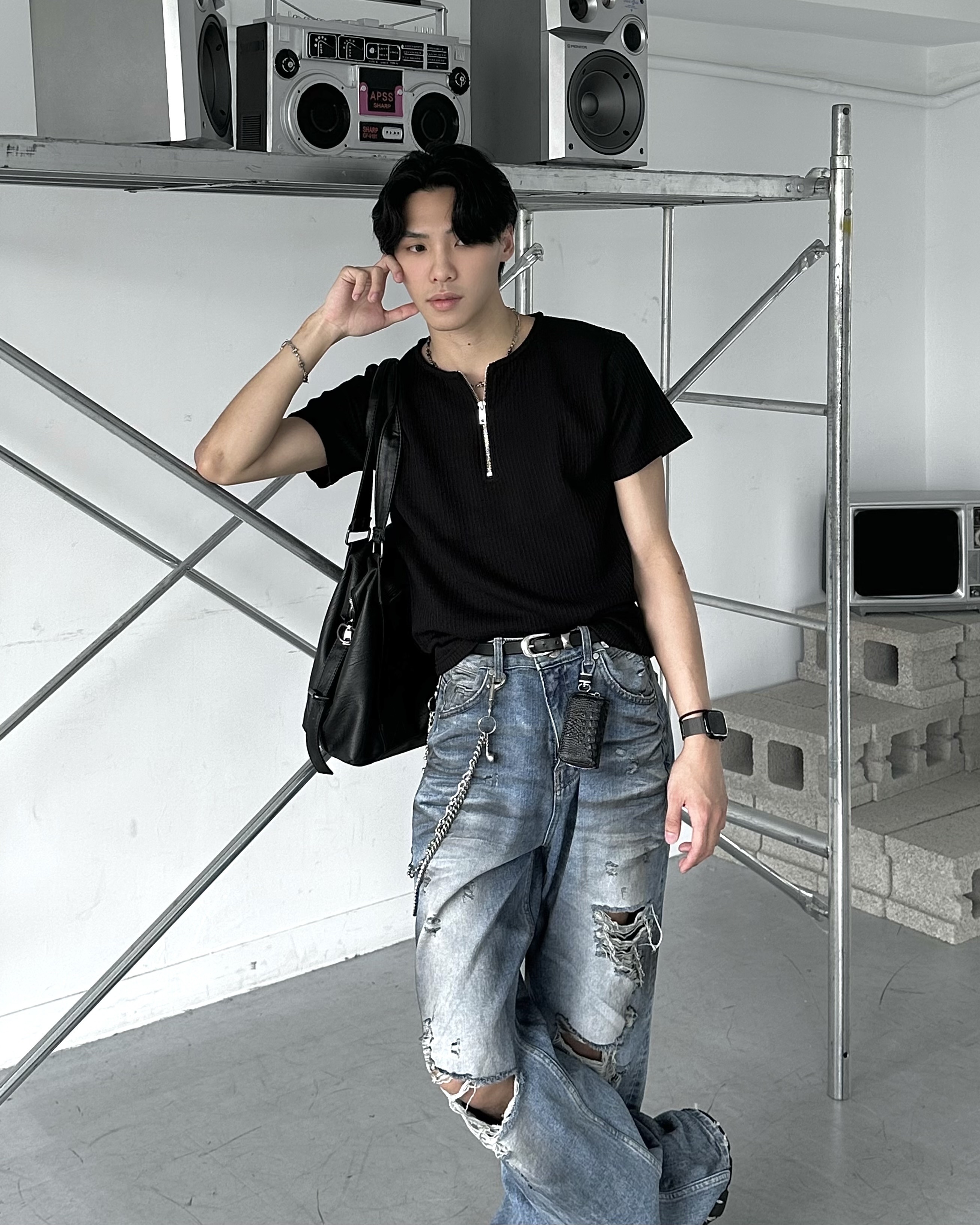 𝐇·𝐓·𝐒 韓國 一眼攻陷 半拉鏈 開襟 螺紋 修身 素面 圓領 上衣 短袖