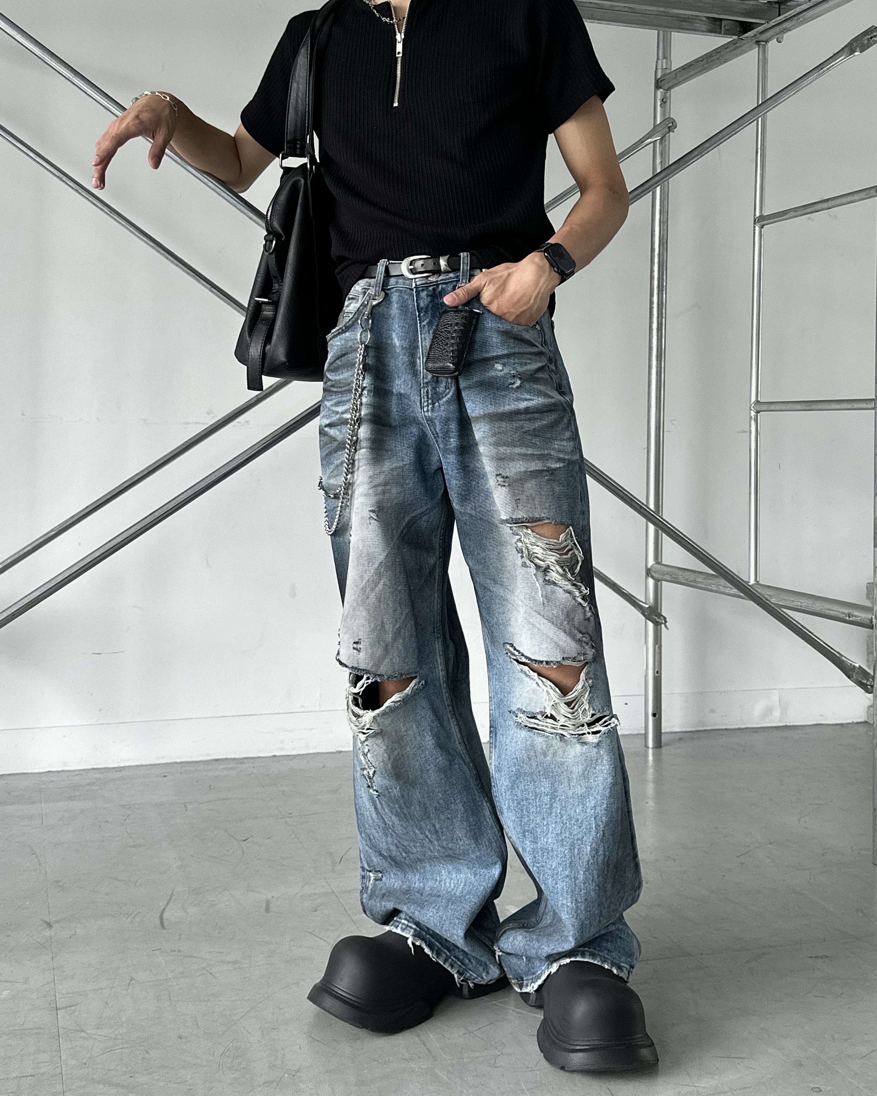 𝐇·𝐓·𝐒 韓國 髒染 水洗做舊 破壞抽鬚 不規則 裂紋 闊腿 直筒 牛仔 長褲