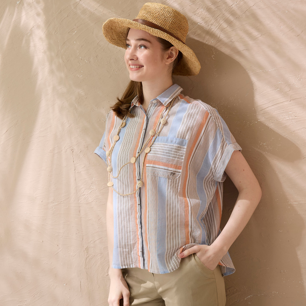 PIPPY純棉獨特條紋拼接領刺繡棉質短袖襯衫上衣 橙