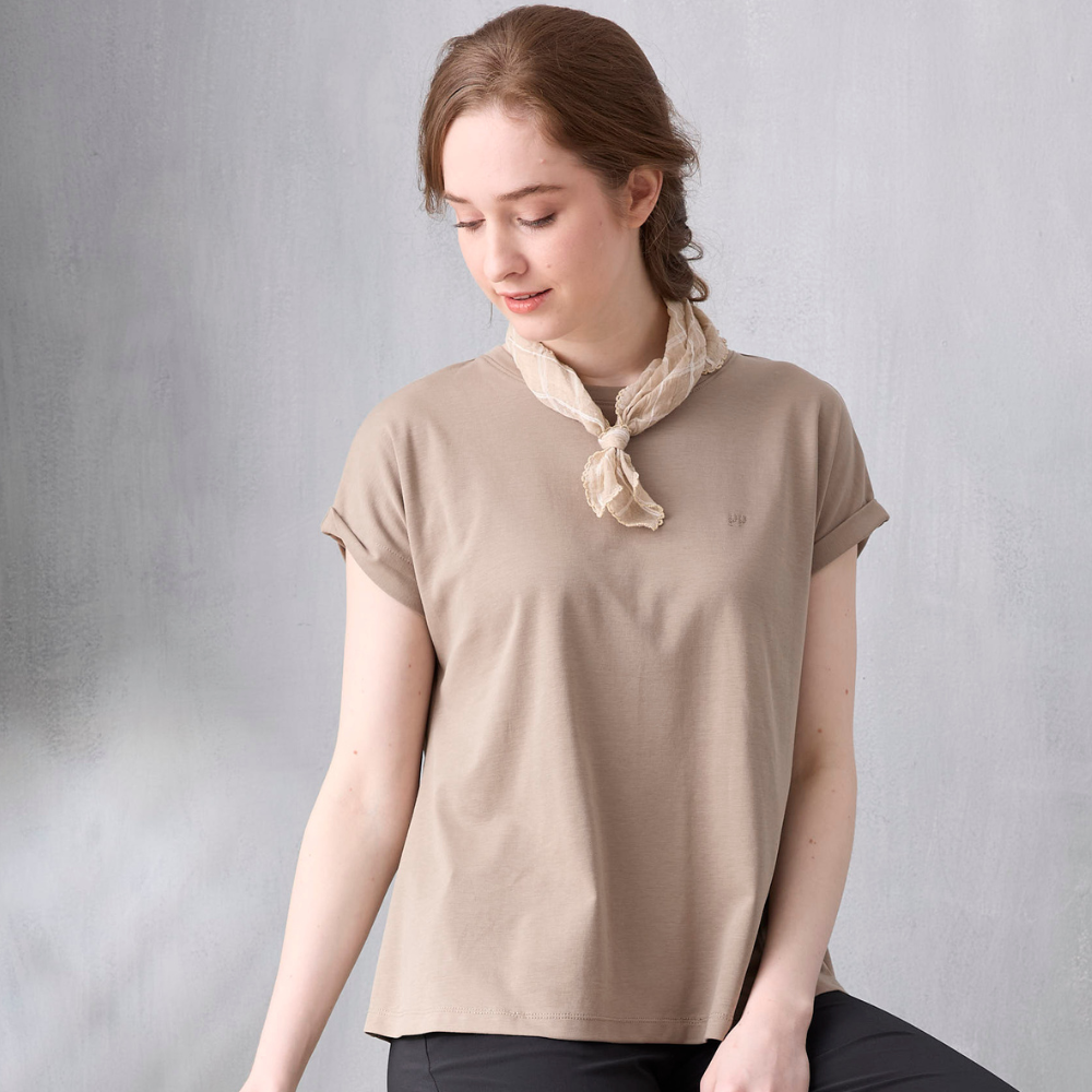 PIPPY純棉圓領反摺短袖上衣 卡其