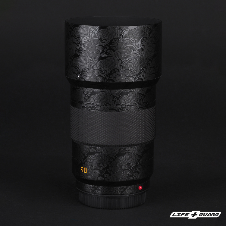 LIFE+GUARD Leica APO-SUMMICRON-SL 90mm F2 鏡頭貼膜側面展示圖，LIFE+GUARD 黑色海浪風格