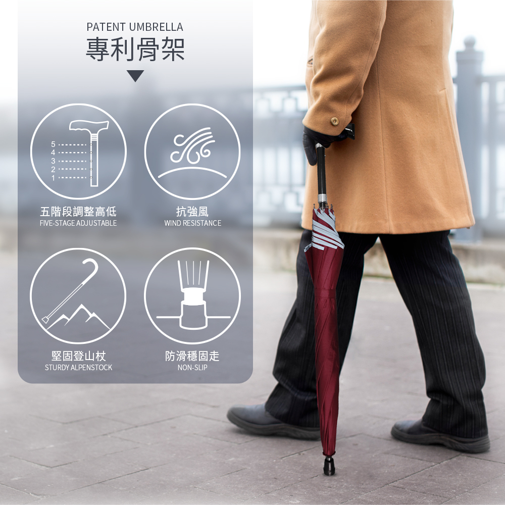 專利骨架patent umbrella：五階段調整高低five-stage adjustable、抗強風wind resistance、堅固登山杖sturdy alpenstock、防滑穩固走non-slip
