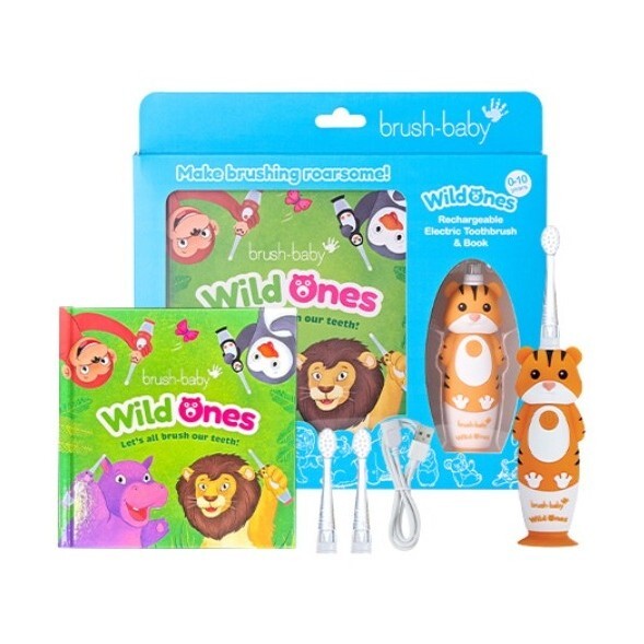 Brush Baby WildOnes 充電式兒童聲波電動牙刷禮盒組-老虎托比