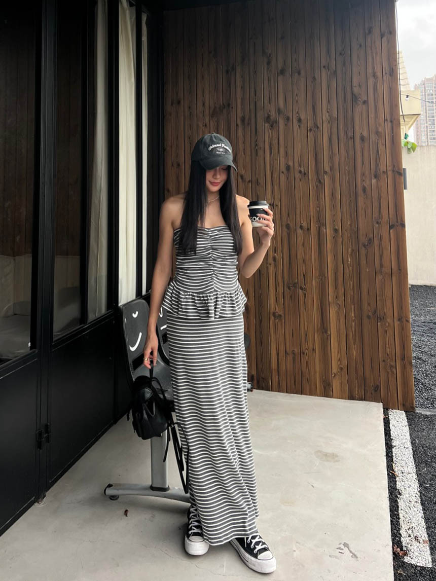 2件式休閒平口條紋長裙套裝*2色