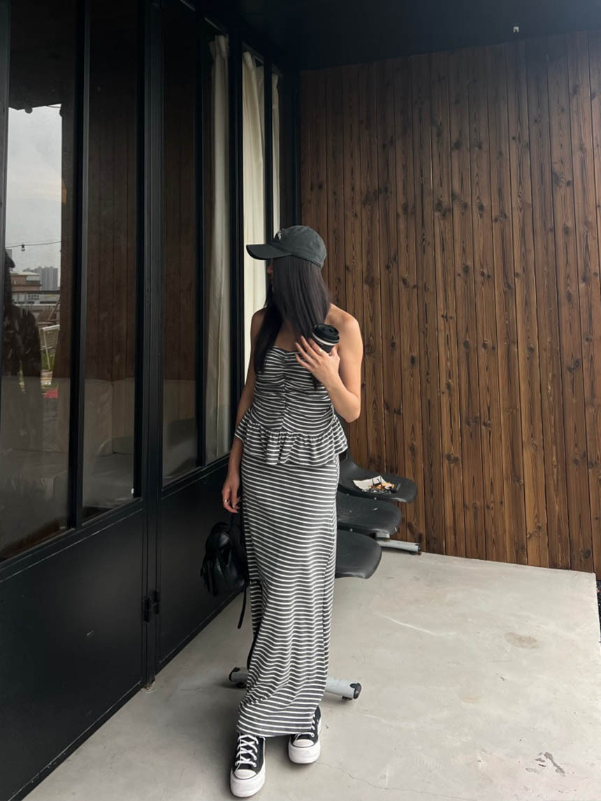 2件式休閒平口條紋長裙套裝*2色