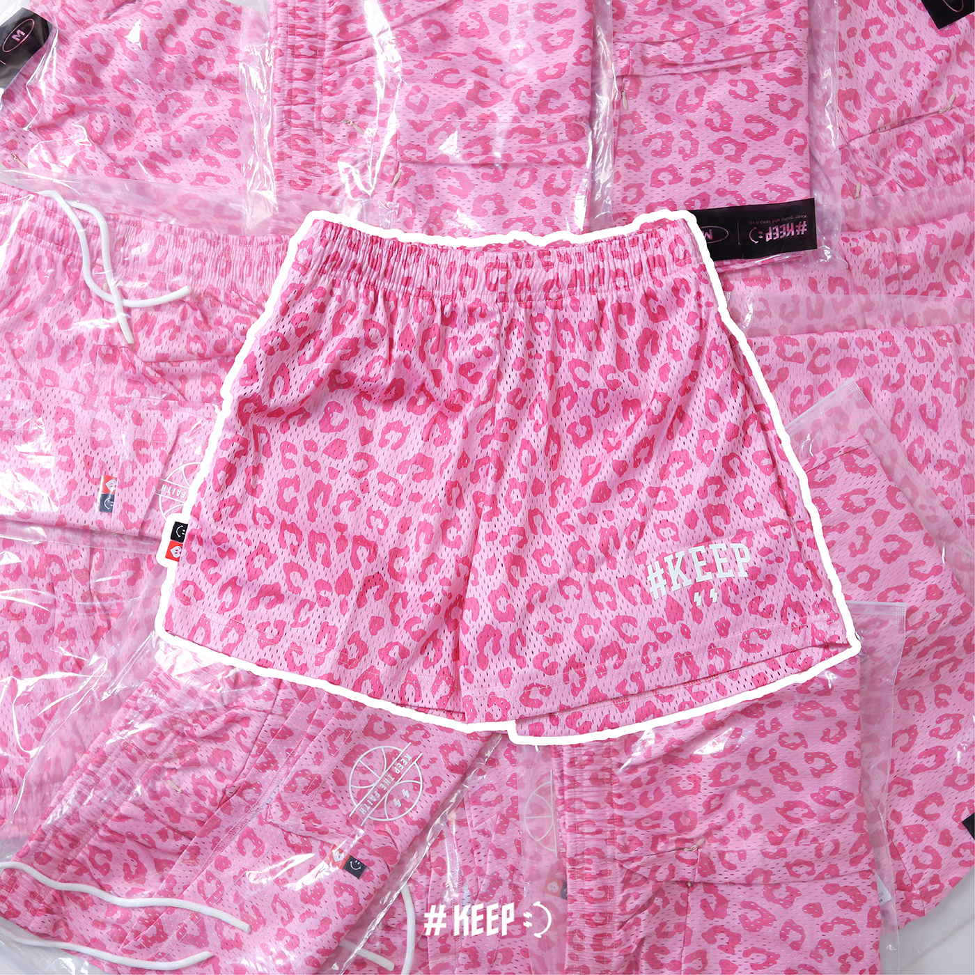 #KEEP ESS MESH PRINT SHORTS 粉色 豹紋 滿版 標語 刺繡 抽繩 網眼 膝上 運動 印花 短褲 球褲【KS180】ABshorts