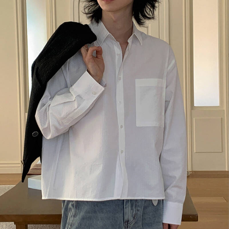 BOXY寬短簡約休閒白色長袖襯衫