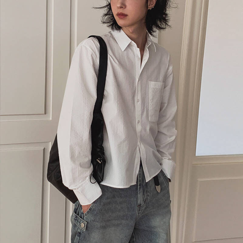 BOXY寬短簡約休閒白色長袖襯衫