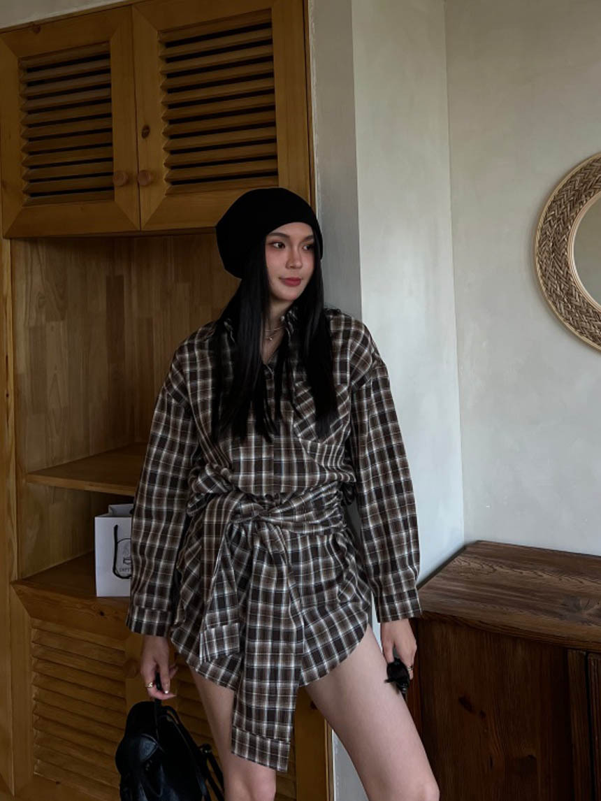 假2件格紋綁腰男友襯衫*2色