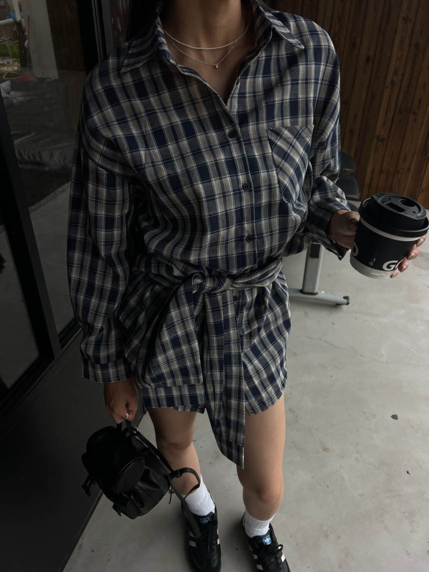 假2件格紋綁腰男友襯衫*2色