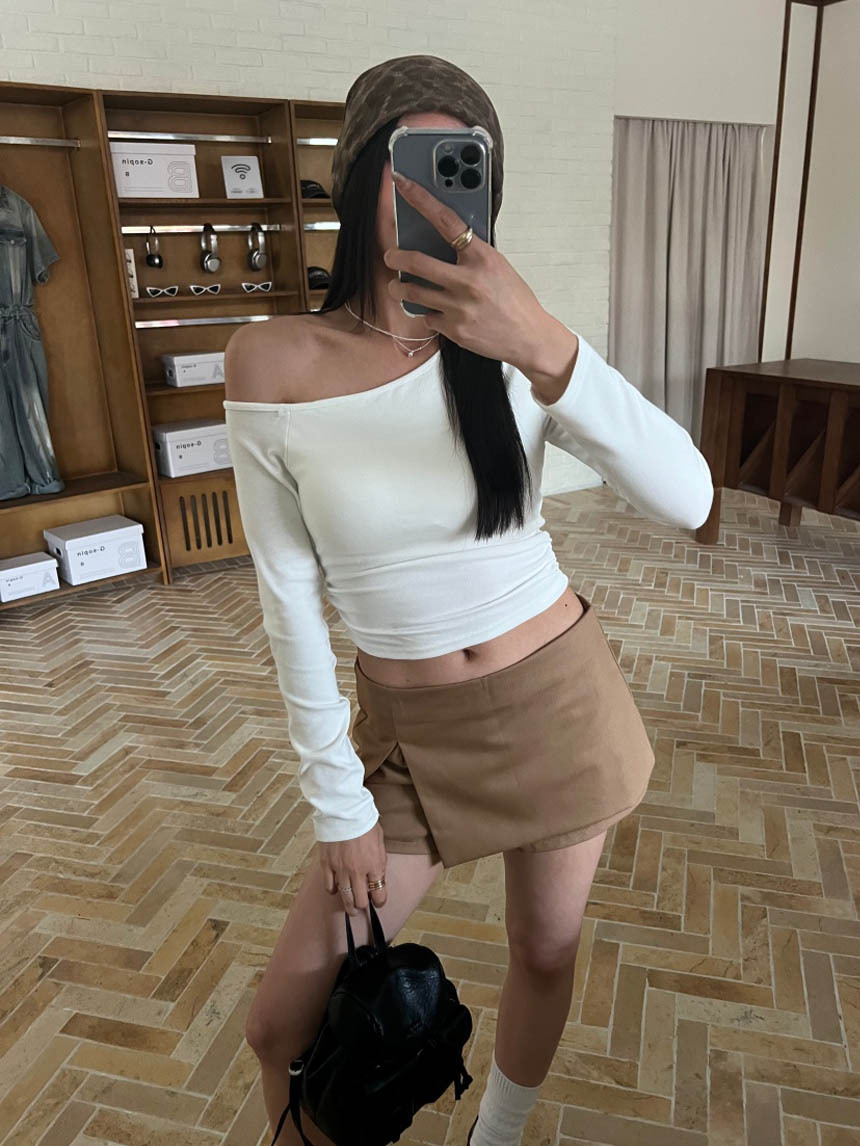 附胸墊斜肩收腰褶皺長T*5色