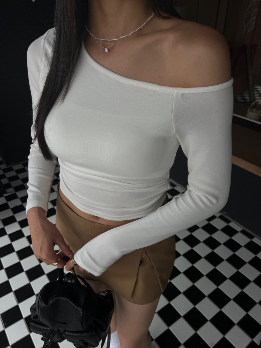 附胸墊斜肩收腰褶皺長T*5色