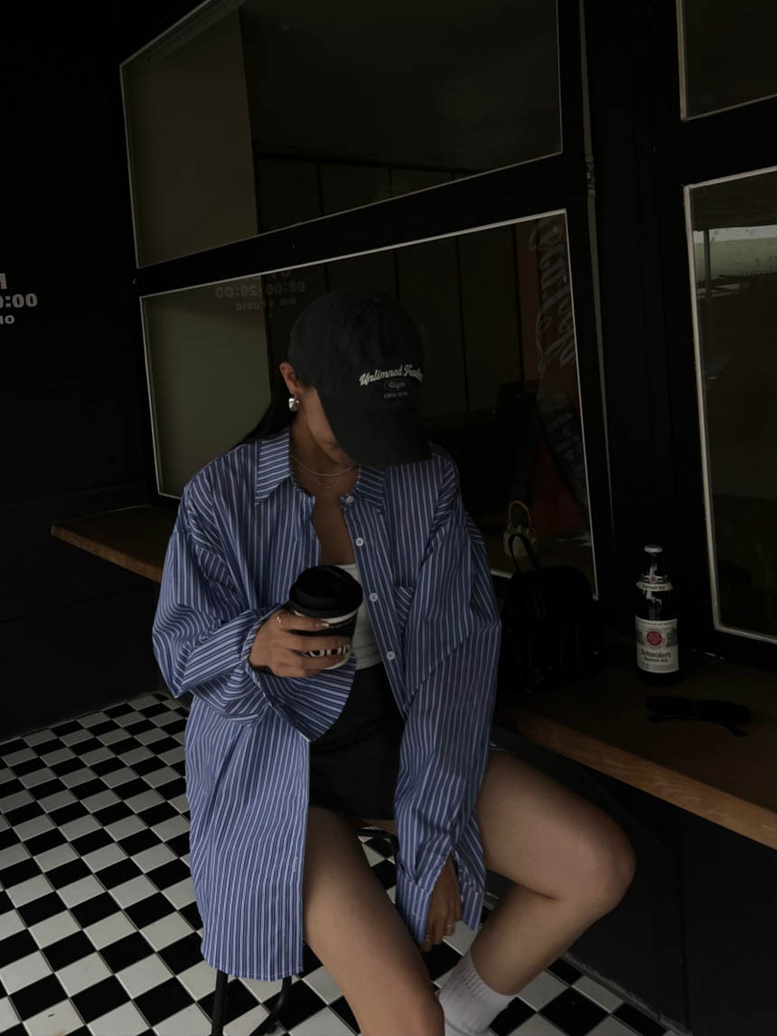 (附髮帶)藍直條男友大襯衫