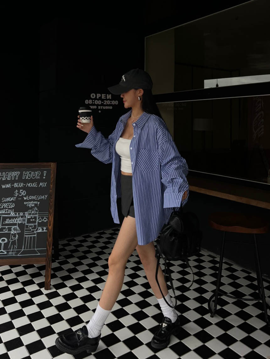 (附髮帶)藍直條男友大襯衫