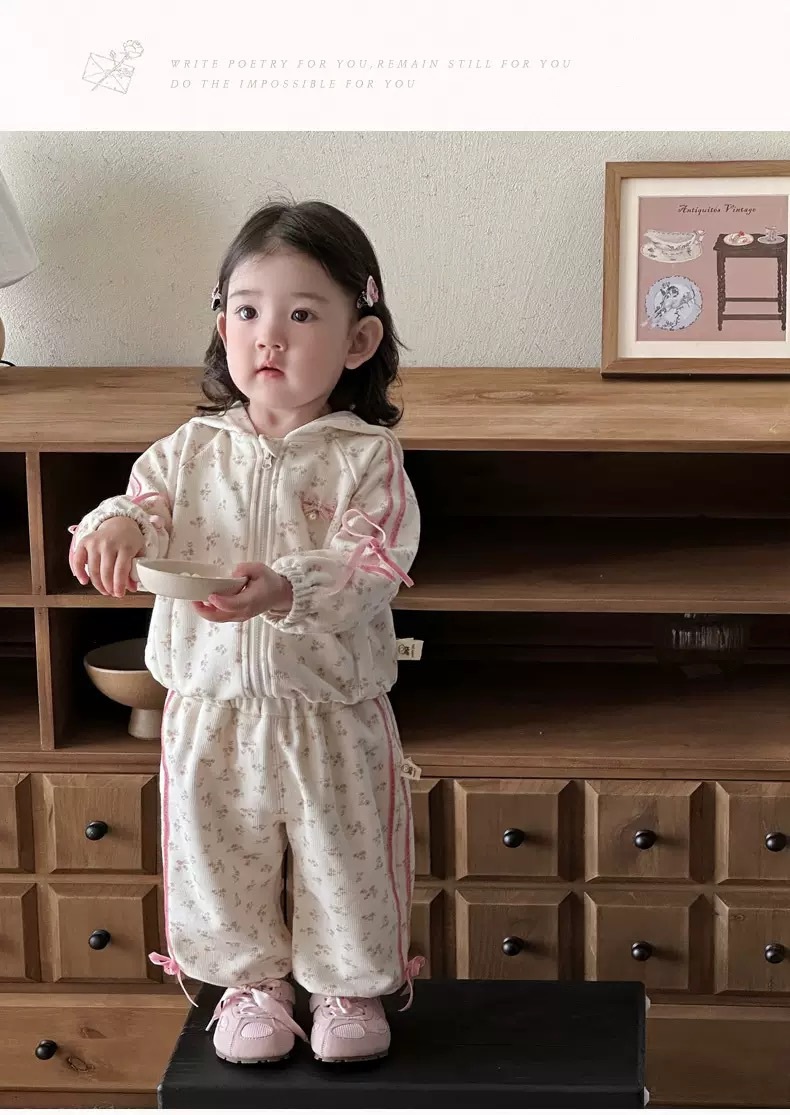 嫩嬰碎花粉色蝴蝶結連帽外套套裝