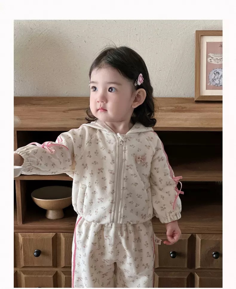 嫩嬰碎花粉色蝴蝶結連帽外套套裝