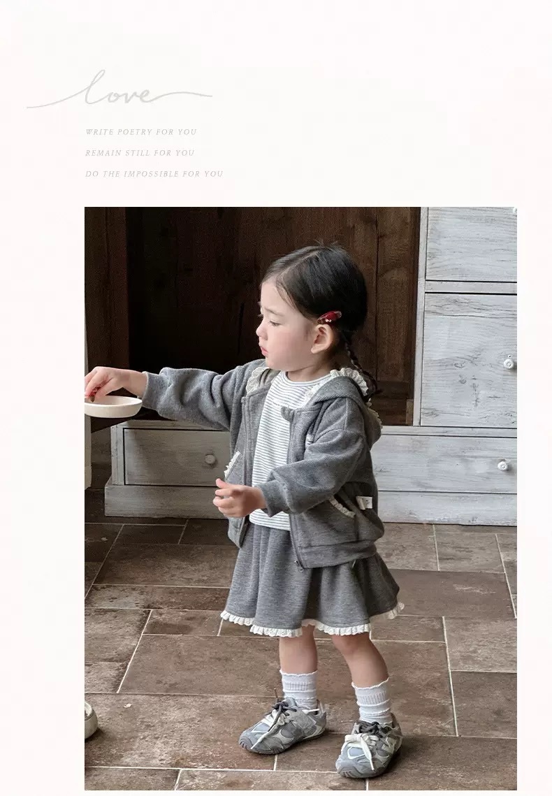 嫩嬰灰色花邊連帽外套套裝