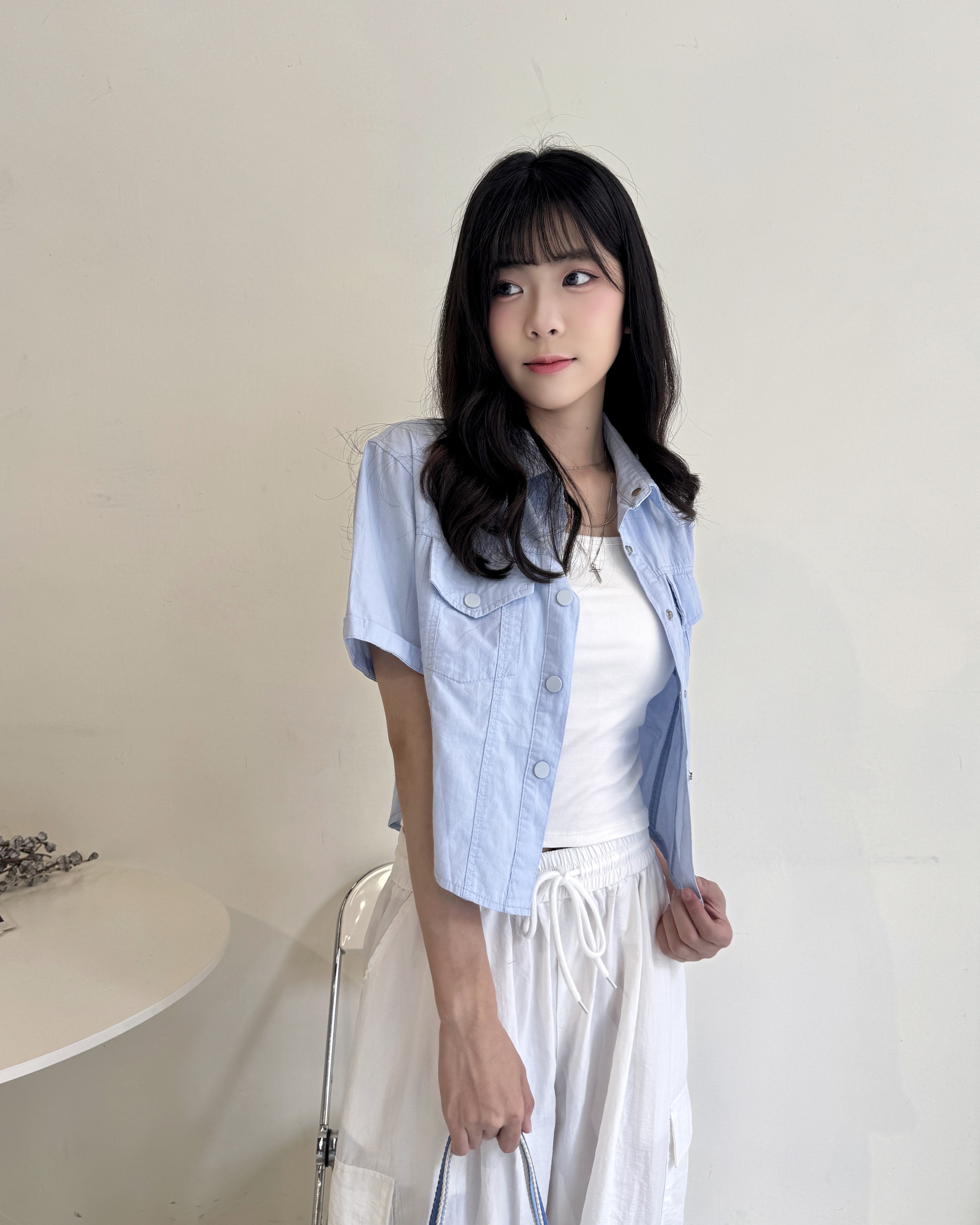 夏季薄單寧短袖襯衫-8038