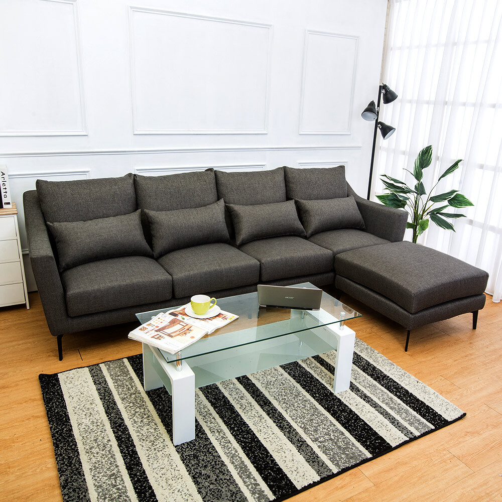 蘭德L型灰色防潑水亞麻布沙發(四人座+腳椅)(送腰枕)