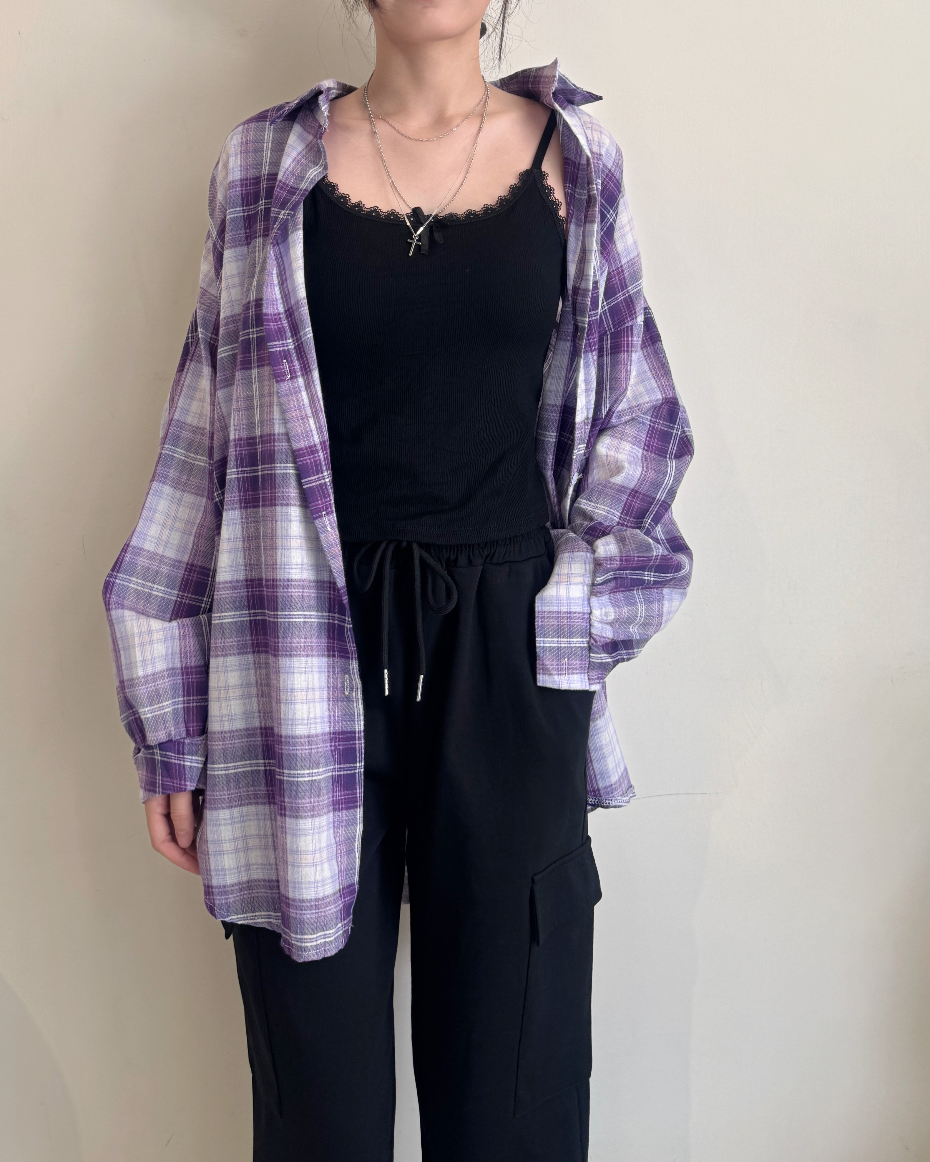 韓系穿搭必備休閒格紋襯衫-8007