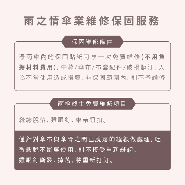 雨之情傘業維修保固服務。保固維修條件-憑雨傘內的保固貼紙可享一次免費維修(不用負 擔材料費用)，中棒/傘布/布套配件/破損髒汙、人 為不當使用造成損壞，非保固範圍內，則不予維修。雨傘終生免費維修項目-縫線脫落、雞眼釘、傘帶鈕扣。僅針對傘布與傘骨之間已脫落的縫線做處理，輕 微鬆脫不影響使用，則不接受重新縫紉。雞眼釘斷裂、掉落，將重新打釘。