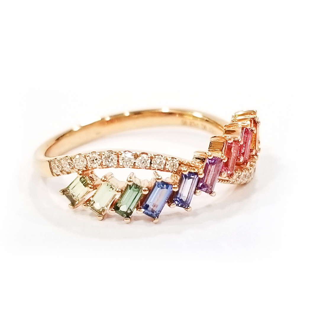 18K玫瑰金天然鑽石彩色藍寶石戒指