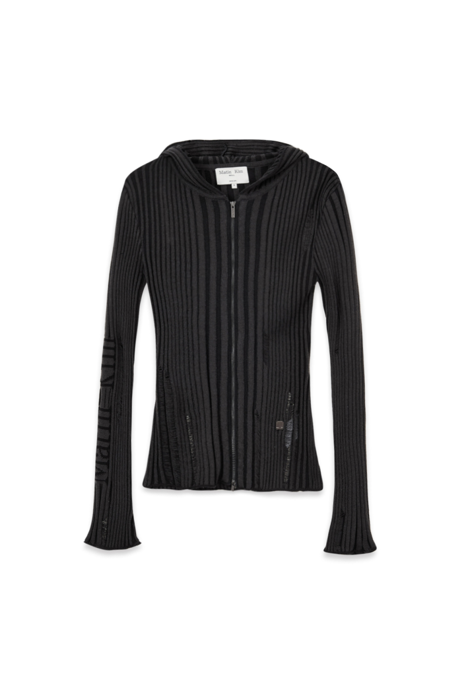 刷破細節修身連帽針織衫 炭灰